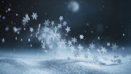 snowflakes swirling around gracefully in a soft, cold breeze creating a beautiful pattern against the dark, starry night sky