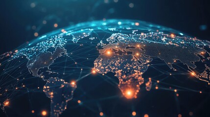 Poster - Digital world map with abstract global connections and data networks. Vector illustration of telecommunication links illustrating global business interactions.