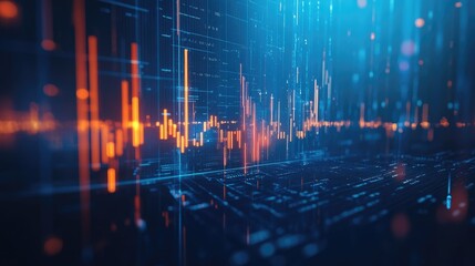 Poster - Dynamic 3D candlestick chart with glowing elements on a blue backdrop. Represents financial markets and trading data. Perfect for professional finance and trading content.