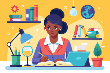 Studying. African American girl student at the desk studying science. Vector illustration
