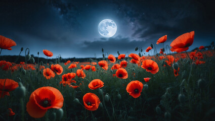 Wall Mural - A field of poppies at night.