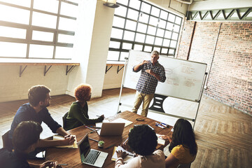 Poster - Man, whiteboard and workshop for business plan at meeting with team, discussion or mindmap for planning at job. People, group and mature speaker with strategy for growth, question and presentation