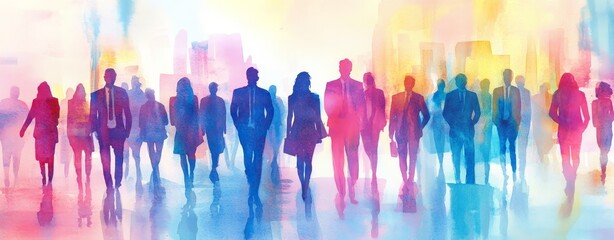 Wall Mural - Abstract watercolor painting of many business people silhouettes, color splashes, pastel colors, soft background.