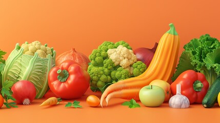 Wall Mural - A collection of fresh vegetables on an orange background.