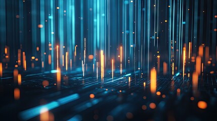 Poster - Futuristic 3D candlestick chart with glowing bars on a blue backdrop. Represents market fluctuations and trading concepts. Great for finance and investment graphics.