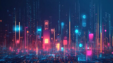 Poster - Futuristic Big Data visualization with abstract digital elements on a technology background. Hand-drawn style illustrating data mining and management. Perfect for tech-related content and banners.