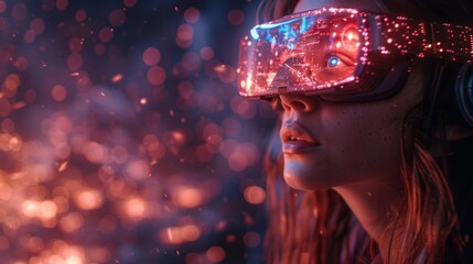 Poster - design a mesmerizing scene featuring vr goggles users immersed in a virtual realm filled with dynami