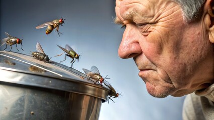 A delicate nose wrinkles in disgust as a pungent smell wafts from a trash can, surrounded by flies, emphasizing the unpleasant odor's potent effect.