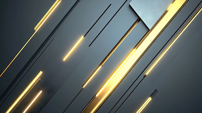 Futuristic geometric design featuring gold light arrows on a grey backdrop. The modern vector illustration includes ample blank space, ideal for high-tech and stylish presentations.