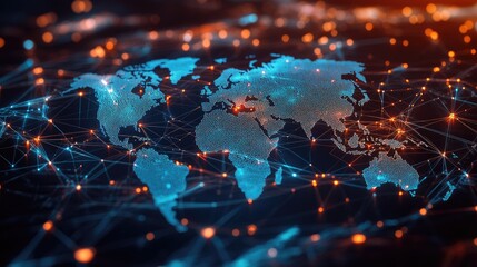 Poster - Futuristic world map with abstract data connections and telecommunication network lines. Vector illustration showcasing global business interactions and data flow.