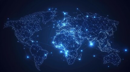 Poster - Futuristic world map with abstract data connections and telecommunication network lines. Vector illustration showcasing global business interactions and data flow.