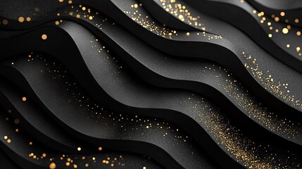 Poster - Geometric 3D design with black paper layers and sparkling golden dots, offering a sophisticated and textured abstract background for creative projects.