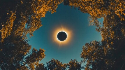 Poster - A stunning solar eclipse viewed through towering trees. The dark circle contrasts beautifully with the bright halo around it. This captivating moment captures the beauty of nature. AI