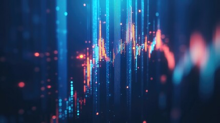 Poster - Glowing candlestick chart in 3D, set against a rich blue background. Captures financial trading and market analysis. Ideal for business presentations and investment visuals.