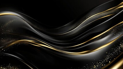 Poster - Gold lines flowing gracefully across a 3D black background with subtle sparkles, perfect for luxury-style text templates.