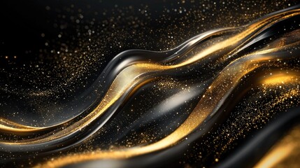 Poster - Gold lines flowing gracefully across a 3D black background with subtle sparkles, perfect for luxury-style text templates.