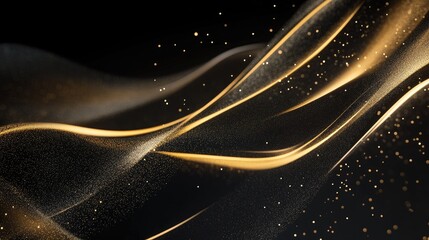 Poster - Gold lines flowing gracefully across a 3D black background with subtle sparkles, perfect for luxury-style text templates.