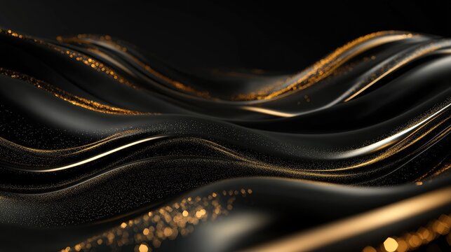 Gold lines flowing gracefully across a 3D black background with subtle sparkles, perfect for luxury-style text templates.