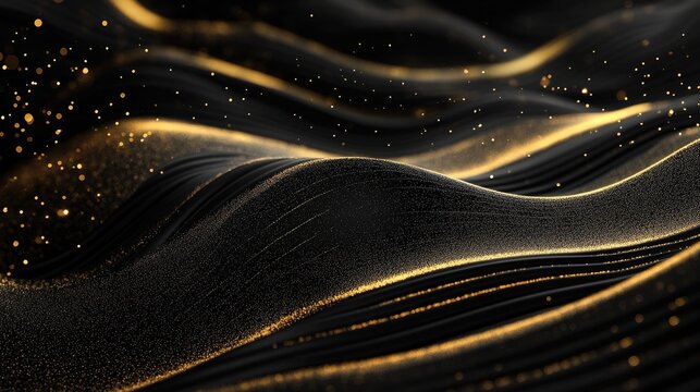 Gold lines flowing gracefully across a 3D black background with subtle sparkles, perfect for luxury-style text templates.