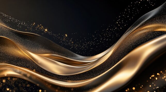 Gold lines flowing gracefully across a 3D black background with subtle sparkles, perfect for luxury-style text templates.