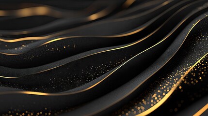 Fototapete - Luxurious 3D black background with curved, sparkling gold lines and open copy space, ideal for a sleek and modern template design.