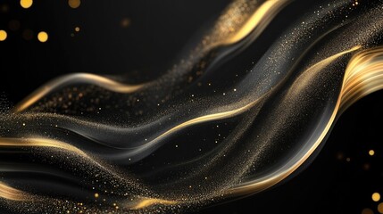 Fototapete - Luxurious 3D black background with flowing, wavy gold lines and subtle sparkle accents, ideal for a sophisticated template design with text space.