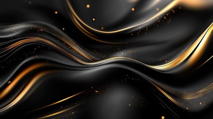Fototapete - Luxurious 3D black background with flowing, wavy gold lines and subtle sparkle accents, ideal for a sophisticated template design with text space.