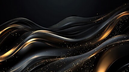 Leinwandbilder - Luxurious 3D black background with flowing, wavy gold lines and subtle sparkle accents, ideal for a sophisticated template design with text space.