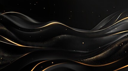 Fototapete - Luxurious 3D black background with flowing, wavy gold lines and subtle sparkle accents, ideal for a sophisticated template design with text space.