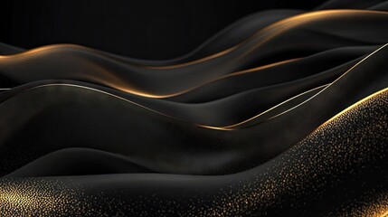 Poster - Luxurious 3D black background with flowing, wavy gold lines and subtle sparkle accents, ideal for a sophisticated template design with text space. -