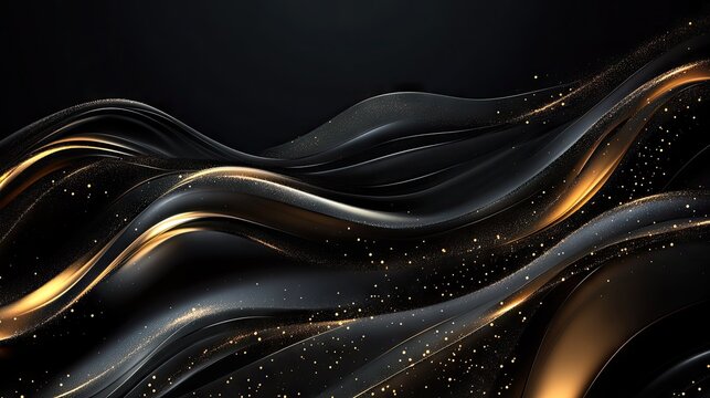 Luxurious 3D black background with flowing, wavy gold lines and subtle sparkle accents, ideal for a sophisticated template design with text space.