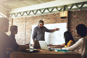 Poster - Man, speaker and whiteboard with pointing at meeting for team, feedback or mindmap with training at job. People, group and mature leader with review, presentation and business plan in modern office
