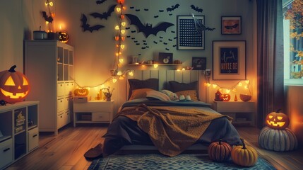 Wall Mural - A bedroom with cute Halloween-themed decorations.