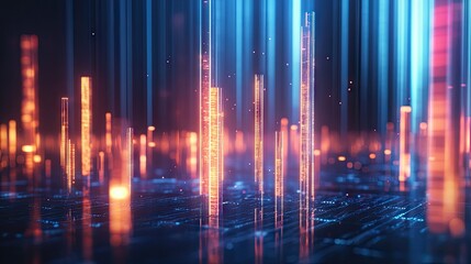 Poster - Modern 3D candlestick chart glowing against a blue backdrop. Emphasizes financial markets and trading analysis. Ideal for tech and finance-themed visuals.