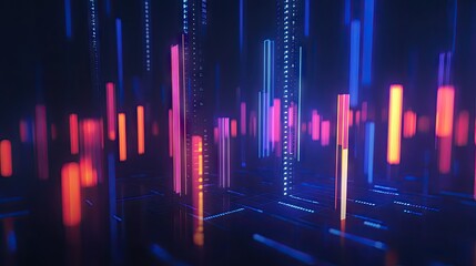 Poster - Modern 3D candlestick chart glowing against a blue backdrop. Emphasizes financial markets and trading analysis. Ideal for tech and finance-themed visuals.