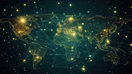 Poster - Modern abstract world map with glowing data connections and network nodes, representing global business and telecommunication. Vector illustration of interconnected global data.