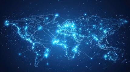 Poster - Modern abstract world map with glowing data connections and network nodes, representing global business and telecommunication. Vector illustration of interconnected global data.