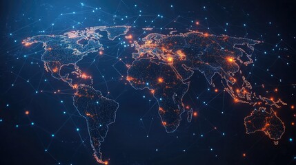 Poster - Modern abstract world map with glowing data connections and network nodes, representing global business and telecommunication. Vector illustration of interconnected global data.