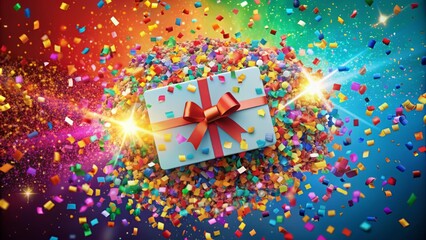 A bright and colorful confetti explosion surrounds a shiny new gift card, symbolizing surprise, celebration, and excitement for the lucky winner.