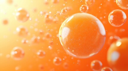Poster - Modern orange backdrop with 3D realistic spheres, featuring textured bubbles or letters. Ideal for creating impactful banners and abstract vector designs.