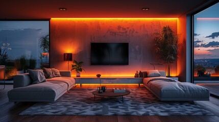 Wall Mural - Create a cozy modern living room sanctuary at night with a plush sofa, a wall-mounted TV, and LED strips lining