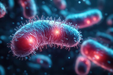 3d render of e coli bacteria microscopic view intricate cellular details bioluminescent glow sterile laboratory background