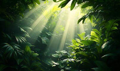 Wall Mural - Sunbeams Filtering Through Dense Tropical Foliage