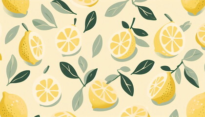 Wall Mural -   yellow lemon with green stems in soft yellow background with bright vibrant illustrated in flat illustration style