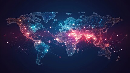 Poster - Vector illustration of an abstract world map with global data connections and network links. Modern telecommunication design showcasing business connectivity across continents.
