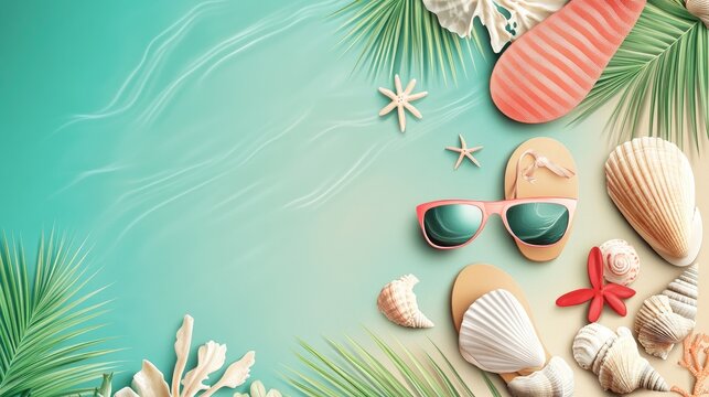 Vector background with beach elements like sandals, sunglasses, and seashells. Ideal for a summer sale banner, evoking warm, sunny weather and relaxation.