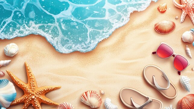 Vector background with beach elements like sandals, sunglasses, and seashells. Ideal for a summer sale banner, evoking warm, sunny weather and relaxation.