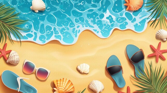 Vector background with beach elements like sandals, sunglasses, and seashells. Ideal for a summer sale banner, evoking warm, sunny weather and relaxation.