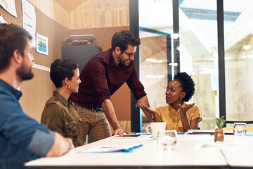Poster - Meeting, startup and business people in office talking for planning, conversation and discussion. Creative company, agency and men and women in workplace for collaboration, teamwork and cooperation