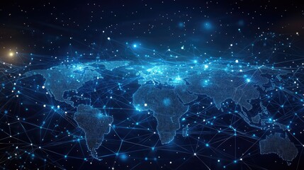 World map with abstract global data connections and telecommunication network lines. Vector illustration displaying interconnected nodes and business data flow.